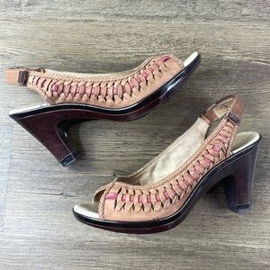 Jambu Sonya Woven Brown Pink Genuine Leather Heels Slingback Open Toe, sz 7.5